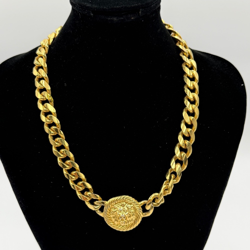 Vintage Anne Klein Lion Head Necklace Gold Tone Chunky Curb Chain 80s Statement